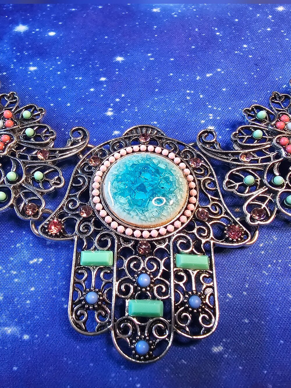 Hamsa Statement Necklace with Turquoise And Pink Accents